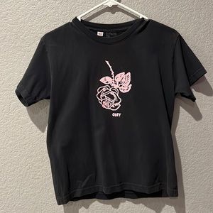 Obey Black T-Shirt Women’s Size Small With Pink Rose and Logo